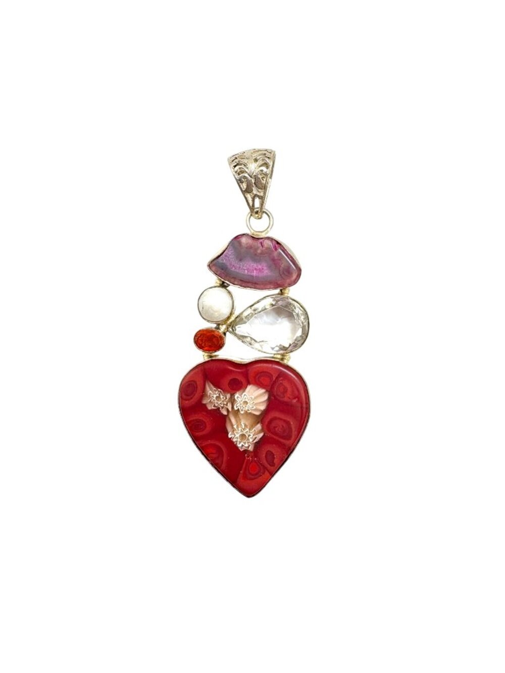 Multi-Gemstone Glass Heart Pendant Sterling Silver 925 Size 3.25" Length